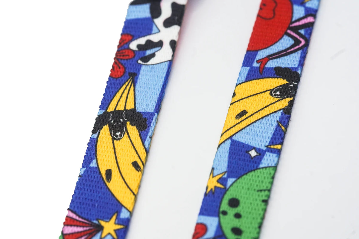 Close-up of the printed webbing used on the Holy Cow dog car seat belt