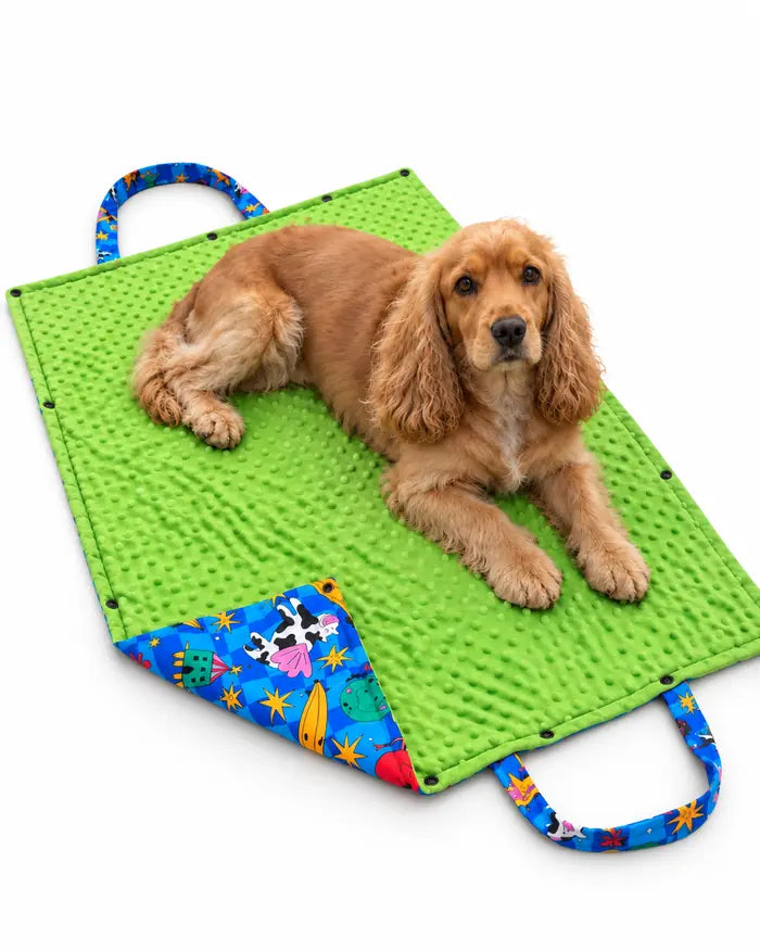 A cocker spaniel lying on the same Holy Cow Bag to Mat, unfolded green fleece side up