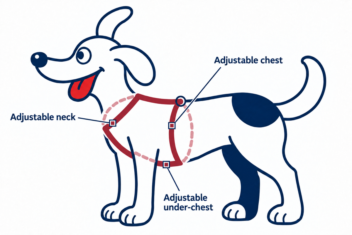 MTF mascot wearing a burgundy-red harness. Neck, chest and under-chest straps adjust at the marked squares. Back length is fixed. Muted burgundy dashed lines show straps hidden behind the body and front leg.