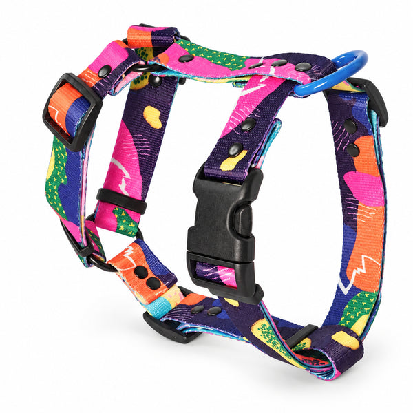 80s Icon dog harness with bright retro shapes, black buckles and blue D-ring