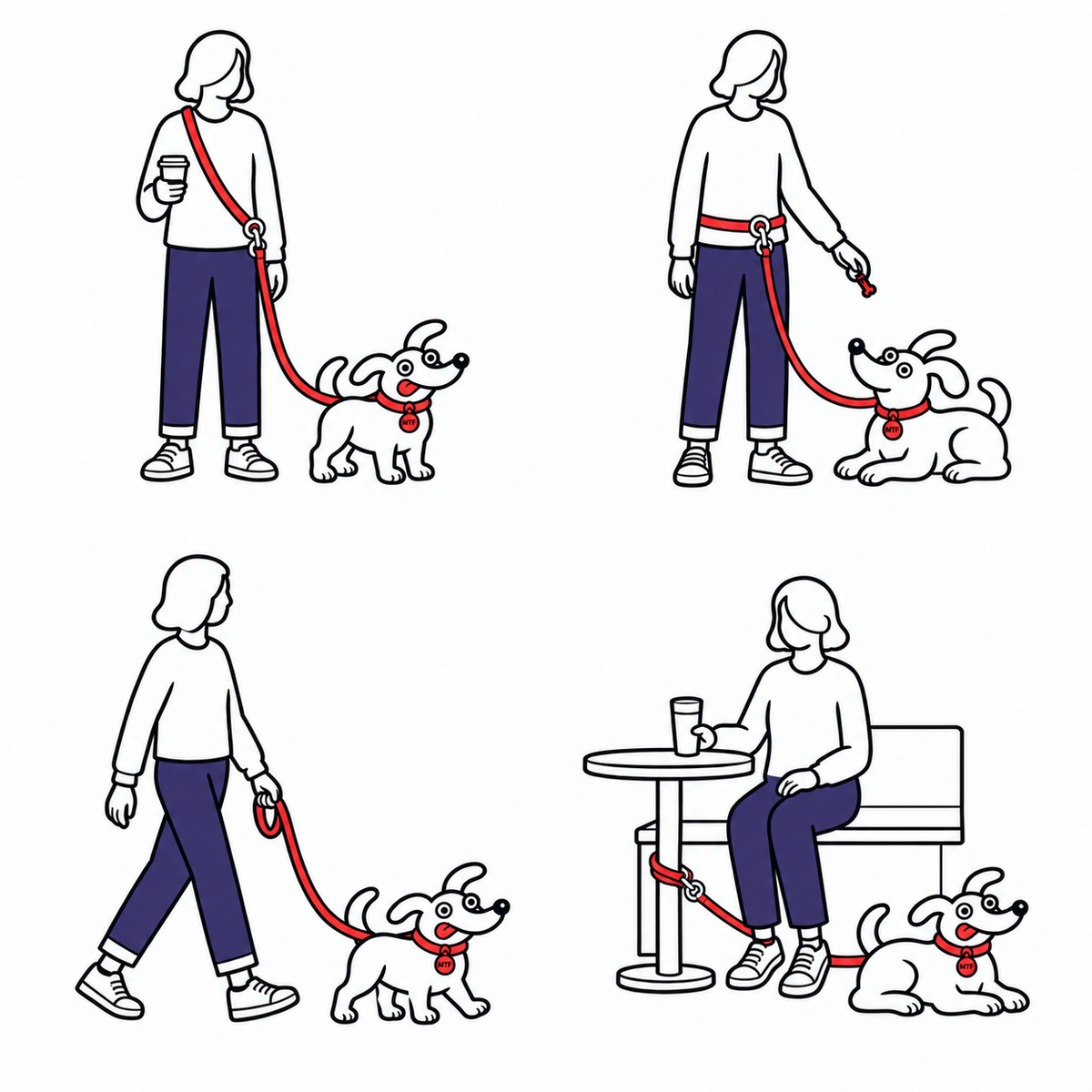 A simple MTF illustration of a person holding coffee, with a red lead worn across their body and continuing to their dog.