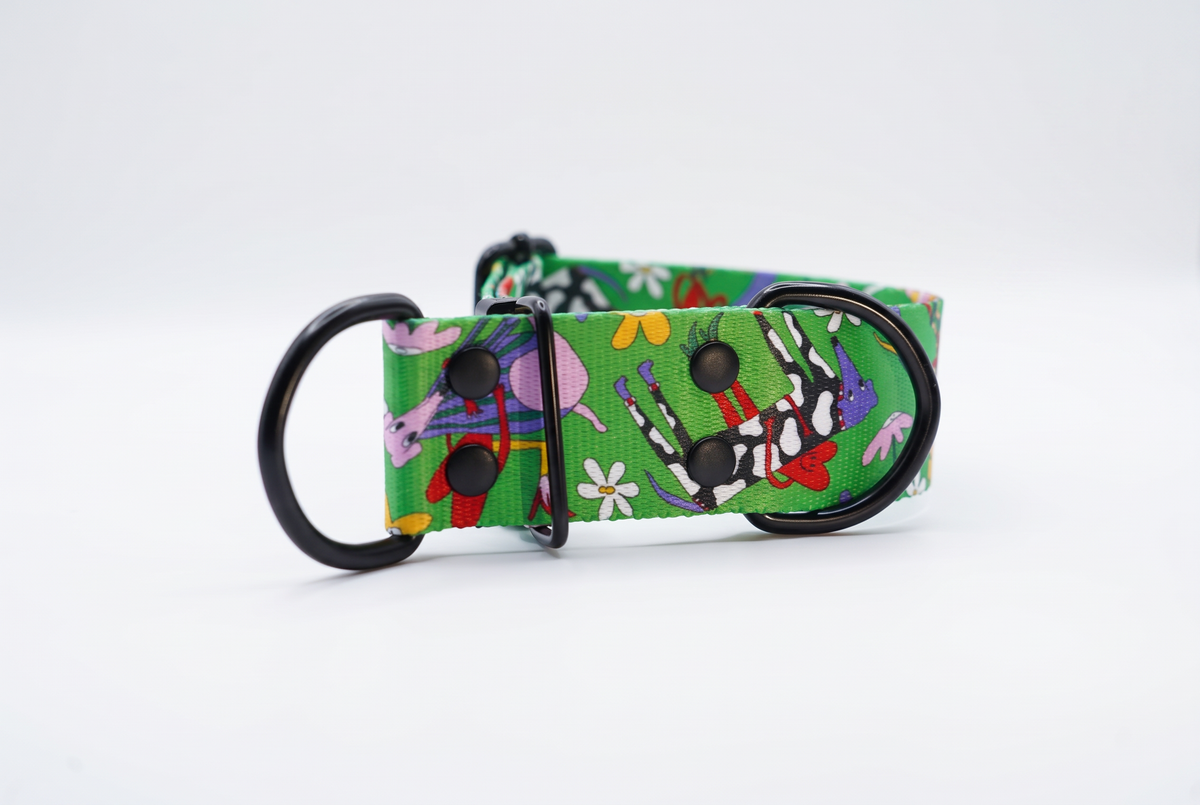 Side view of the Oopsie Daisy 40 mm martingale collar with two black D-rings and smiley daisy print