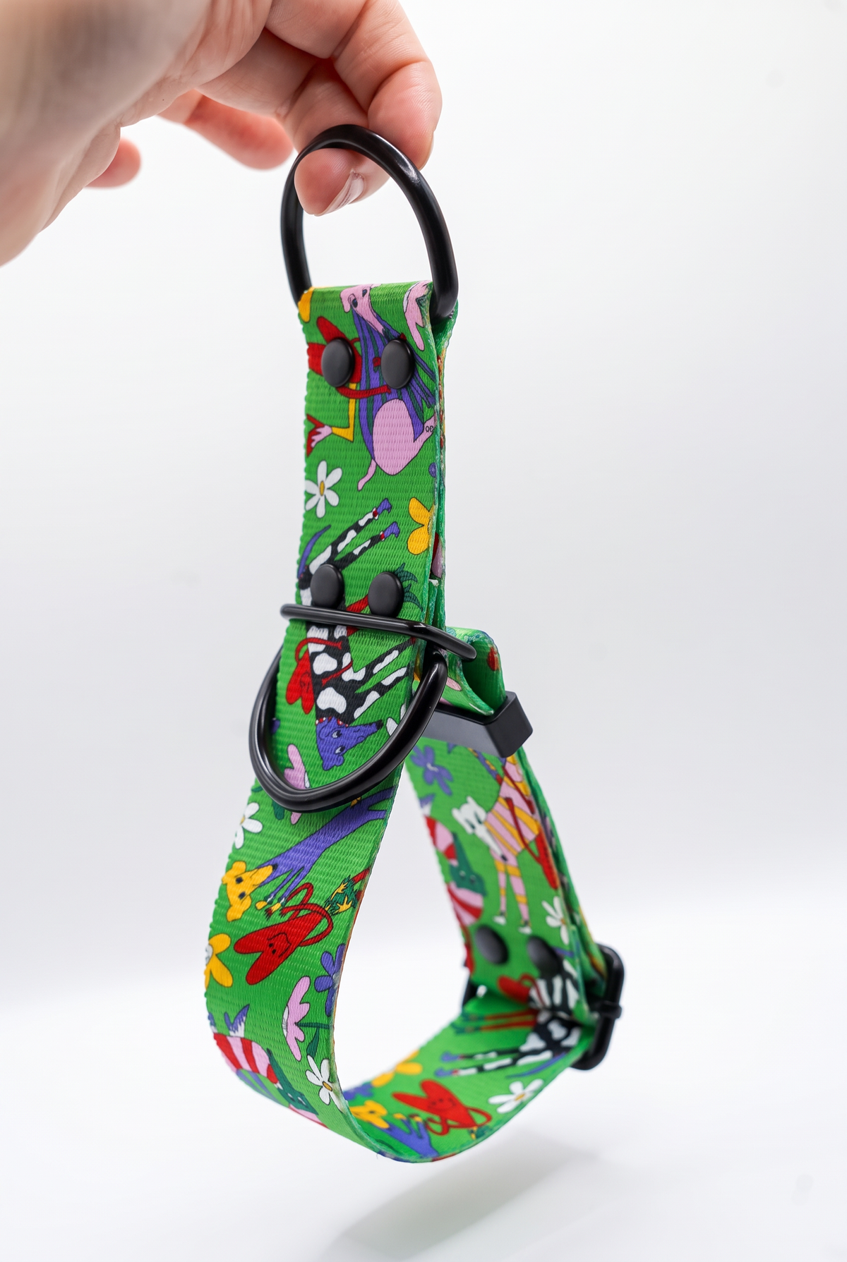 Oopsie Daisy martingale dog collar loop, green with cartoon greyhounds and whippets, black hardware, handmade in Bristol