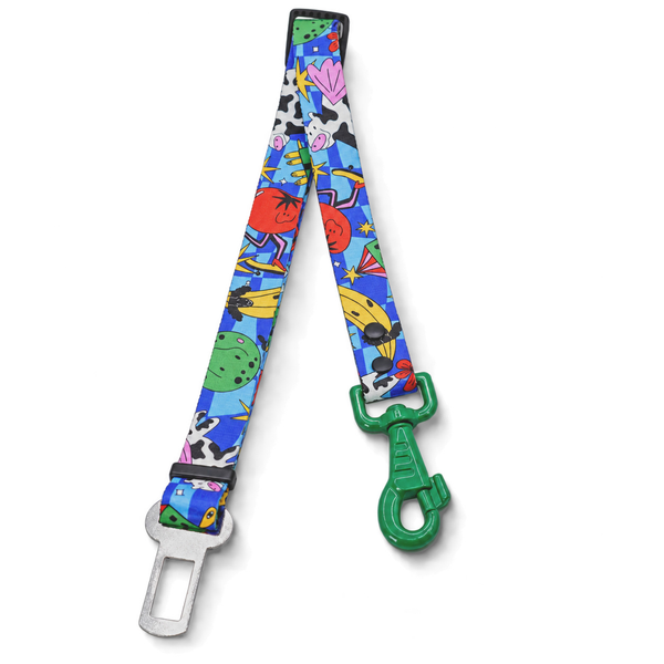 Holy Cow! dog seat belt on a white background