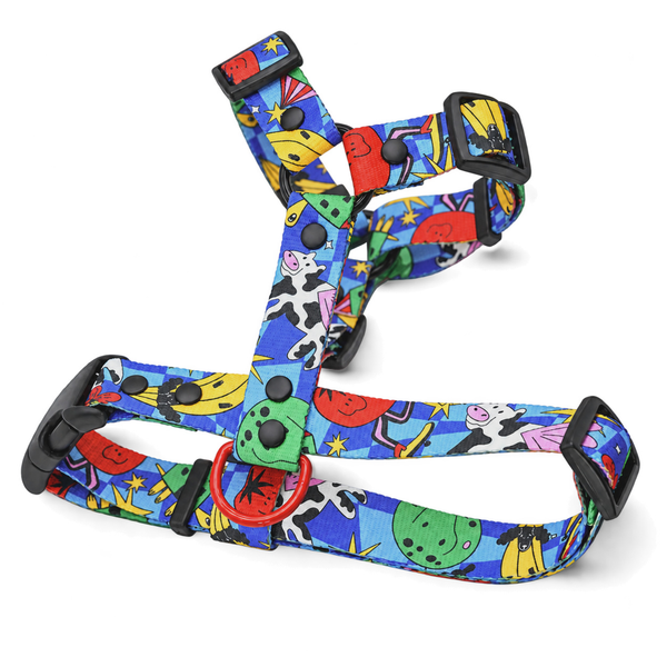 Holy Cow! Y-shaped dog harness on a white background