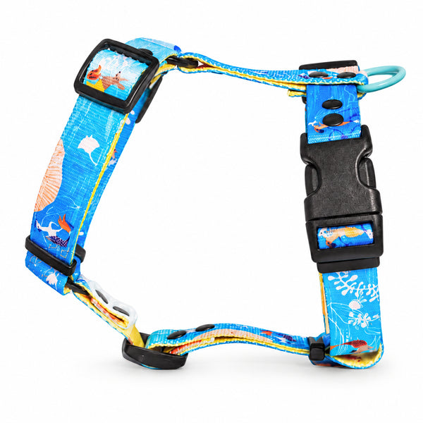 Beach Walk turquoise dog harness with seaside print and black buckle