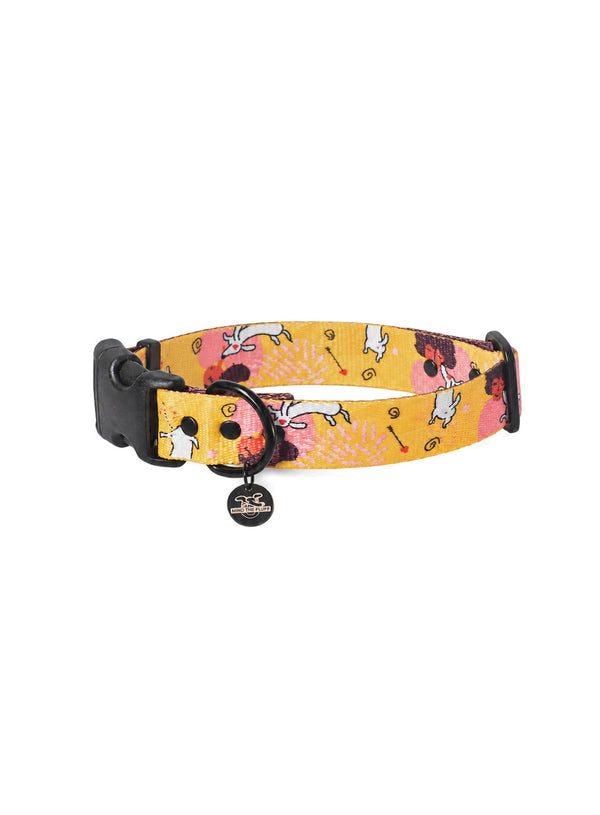 Wet Nose, Warm Heart yellow dog collar with a pink and white dog print and black buckle