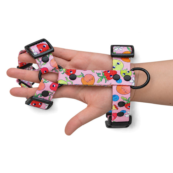 Sweet Tooth dog harness held in a hand, showing the pink printed webbing, adjustable straps and black D-ring.