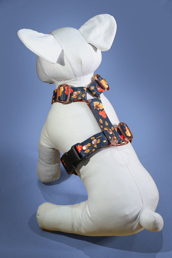 Unbe-leaf-able autumn dog harness on a dog mannequin