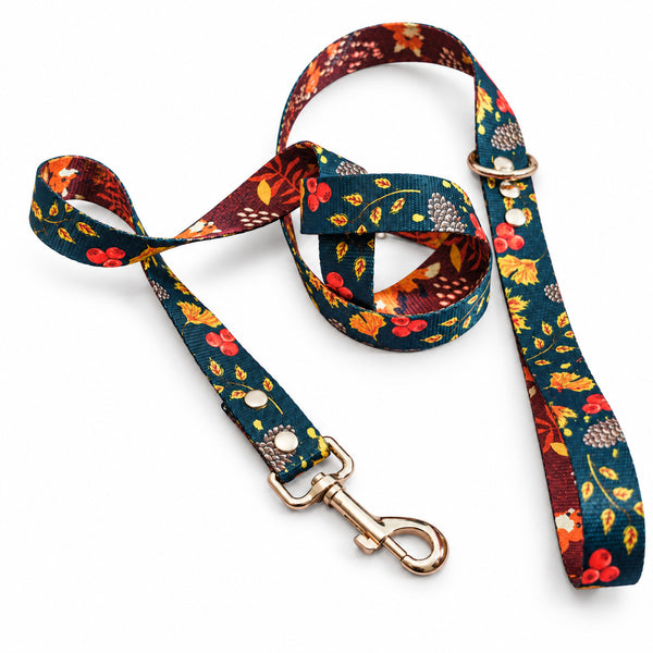 Unbe-leaf-able autumn dog lead with a rose gold clip