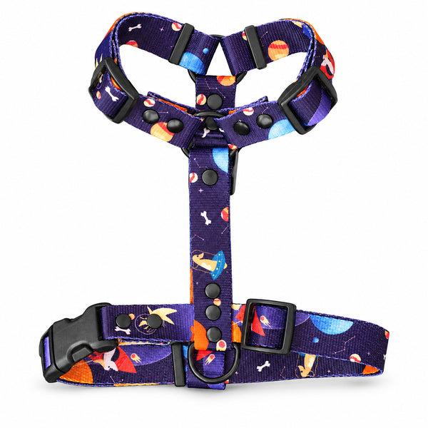 Spacedogs 2.0 Y-shaped dog harness with a colourful planet print on dark purple webbing and black buckles.