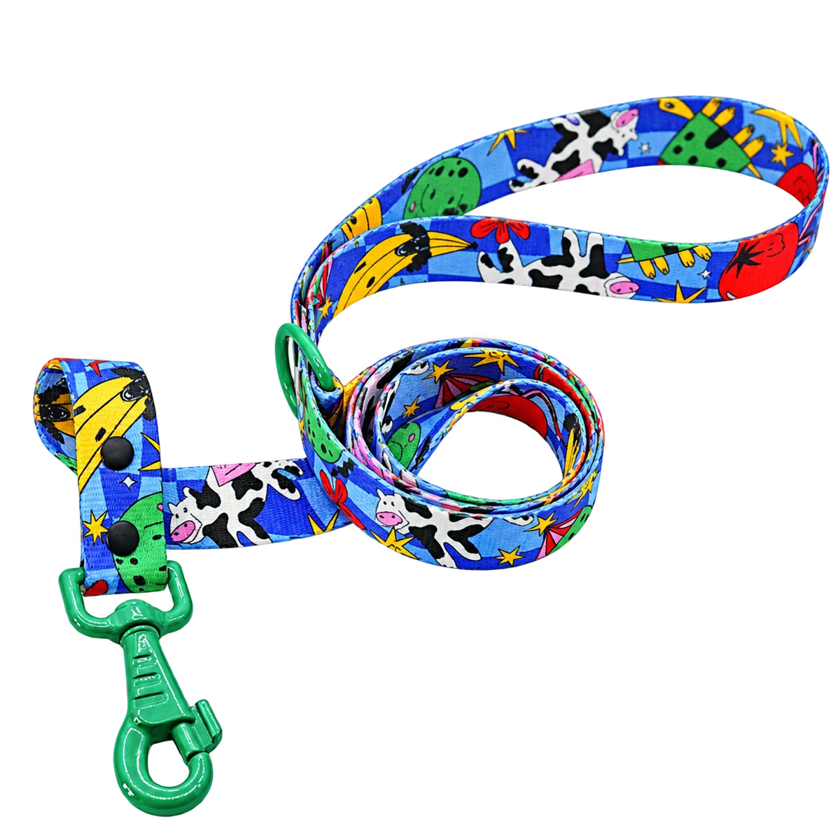 Holy Cow fixed-length dog lead with a loop handle and green metal clip