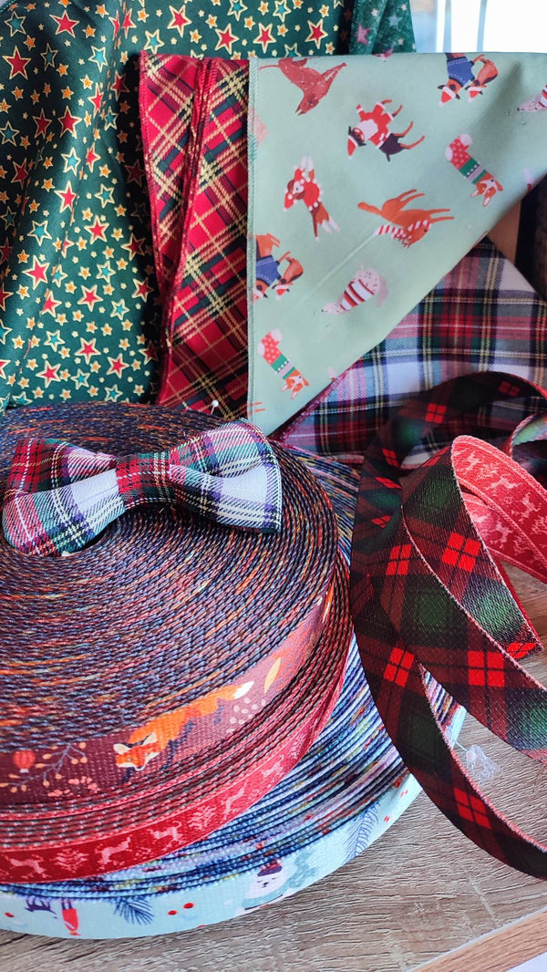 Feels Like Christmas dog collar with a tartan dog bow tie and Christmas dog bandanas
