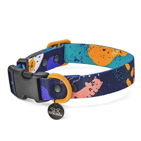 Full English BARKfast purple dog collar with breakfast print and a yellow D-ring