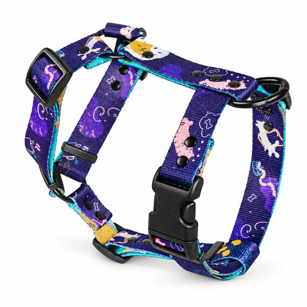 Full English BARKfast purple dog harness with breakfast print and black buckles