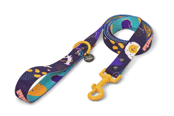 Full English BARKfast purple dog lead with breakfast print and a yellow clip