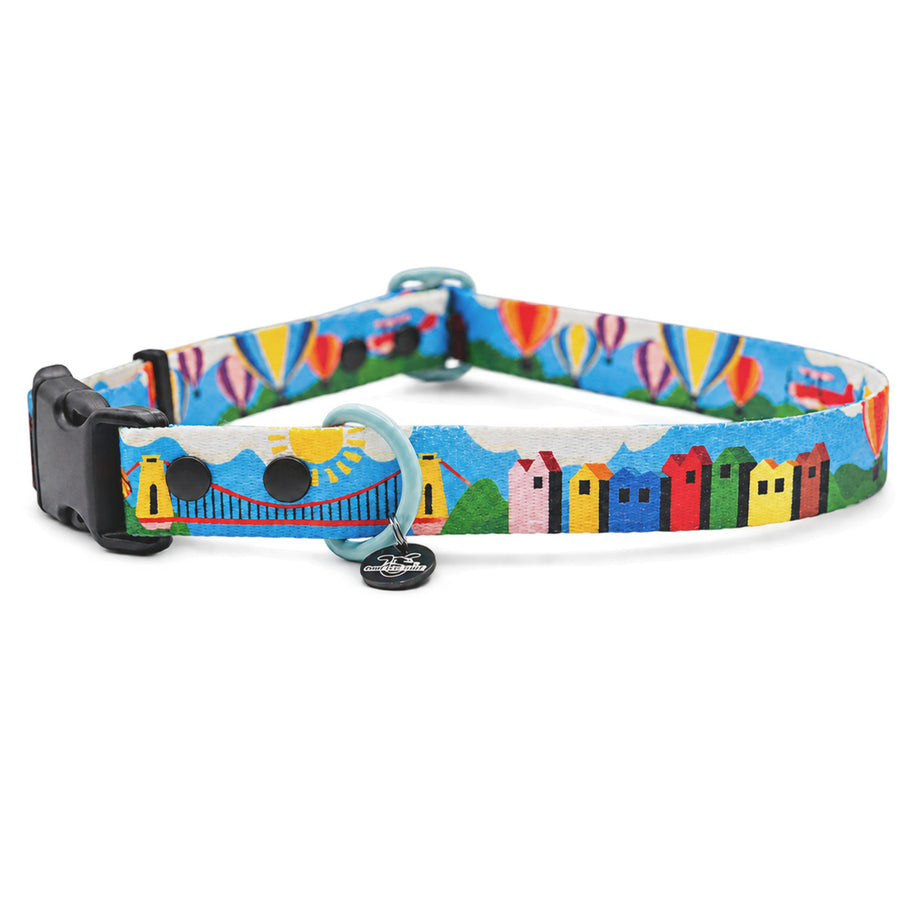 Gert Lush blue dog collar with Bristol houses, balloons and a black buckle