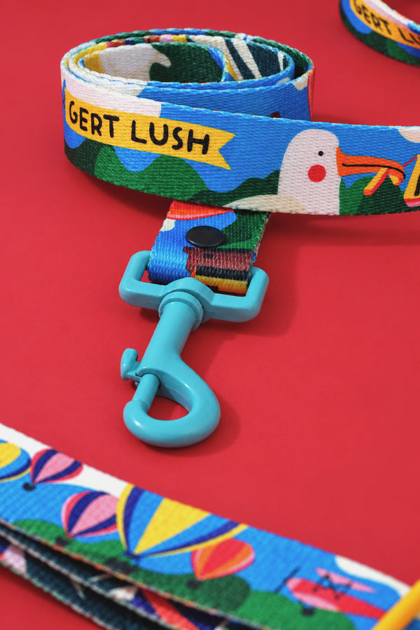 Blue Gert Lush dog lead with an azure clip and Bristol balloon print