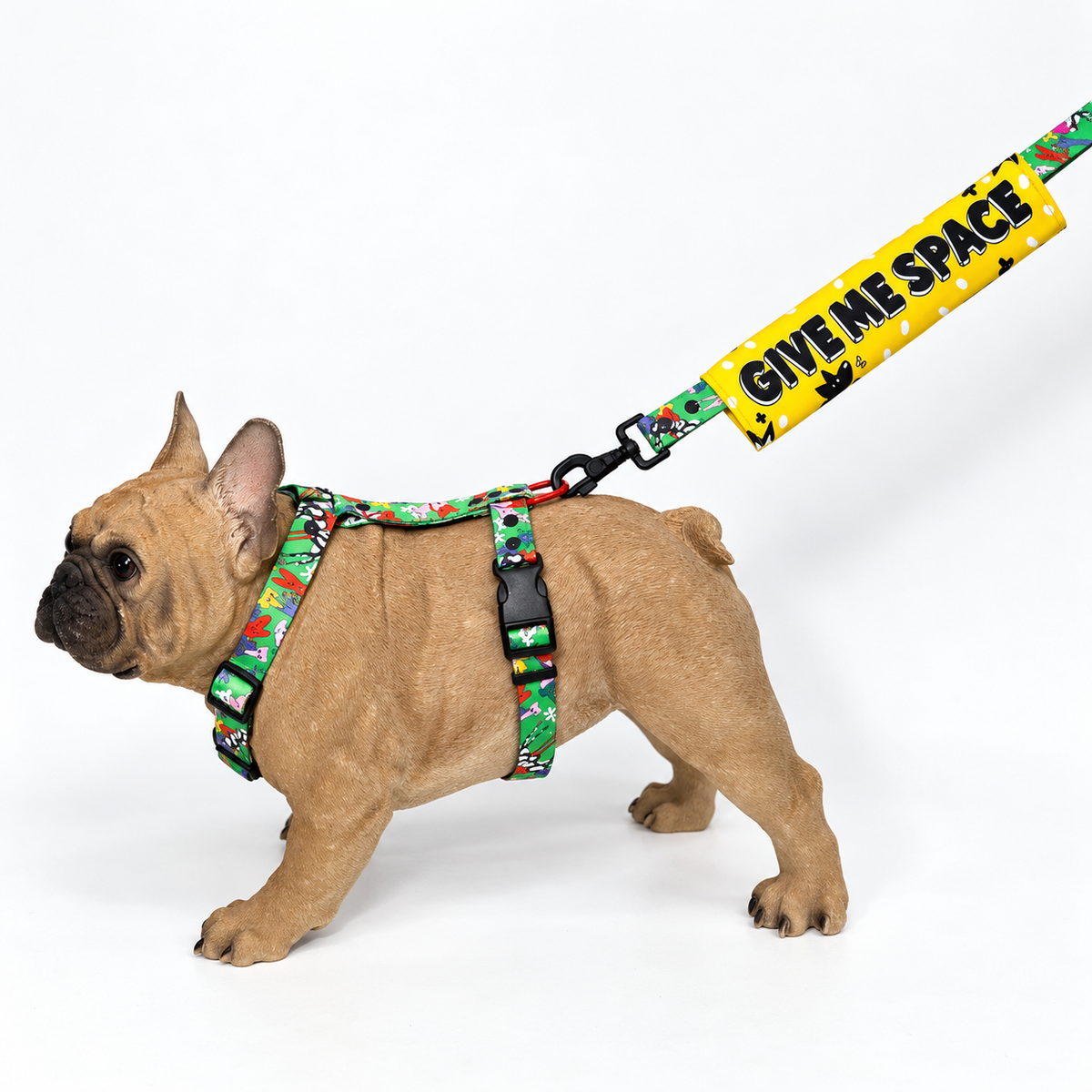 French bulldog wearing a green harness with a yellow Give Me Space dog lead sleeve on its lead.