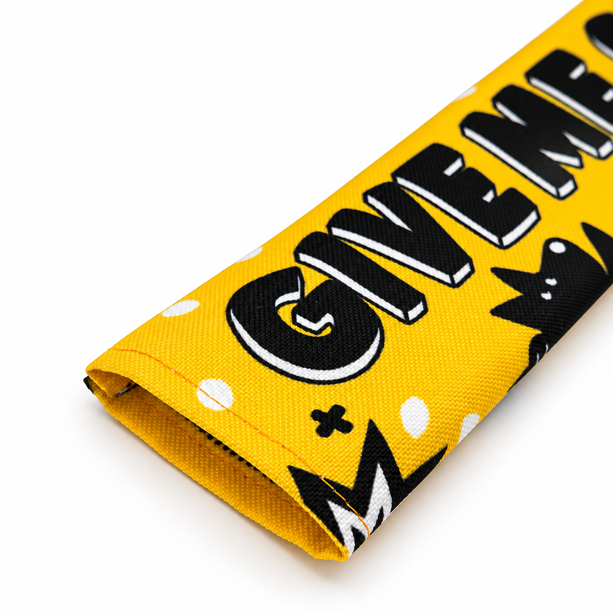 Open end of the yellow Give Me Space dog lead sleeve, showing the opening for a lead.