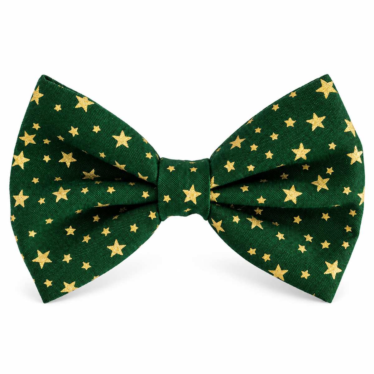 Green Christmas dog bow tie covered in gold stars, shown from the front on a white background.