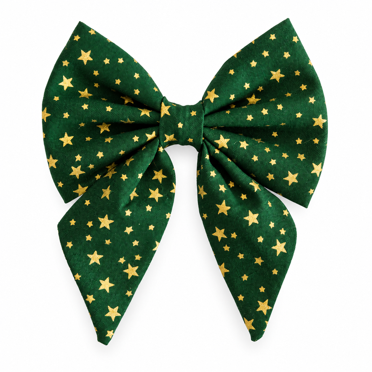 Green and gold stars Christmas sailor dog bow tie with two pointed tails.