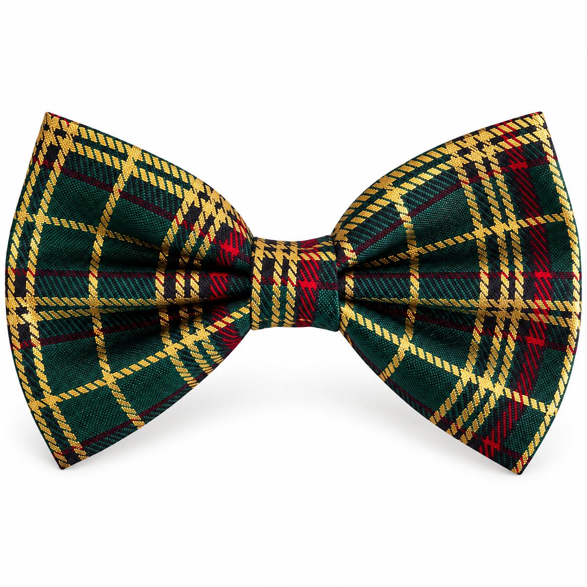 Green tartan Christmas dog bow tie with red and gold checks, shown from the front on white.