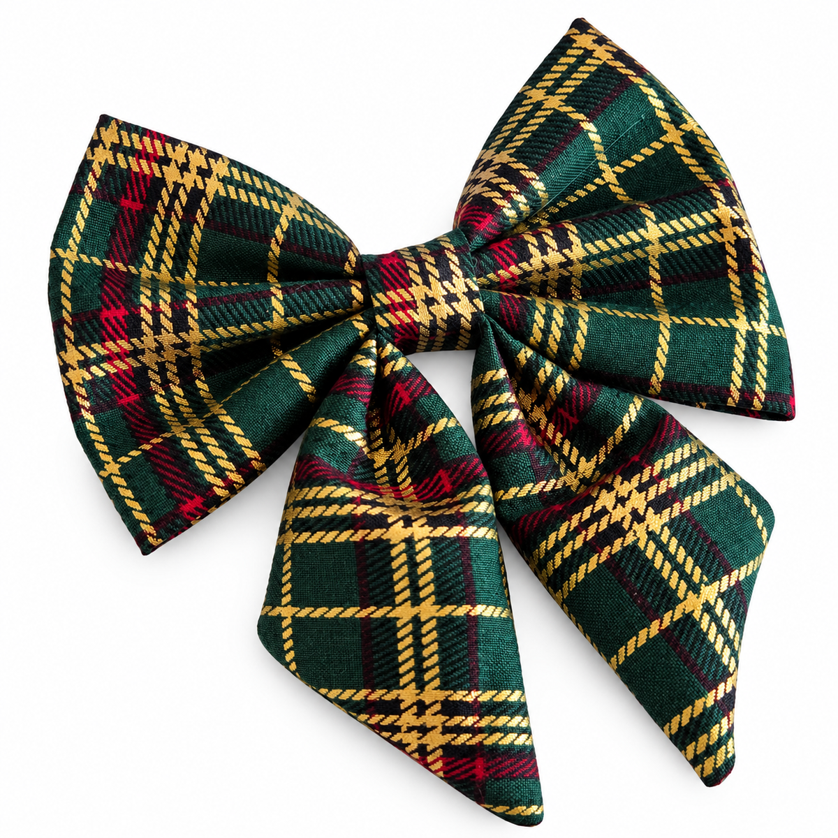 Green tartan Christmas sailor dog bow tie with gold checks and two pointed fabric tails.