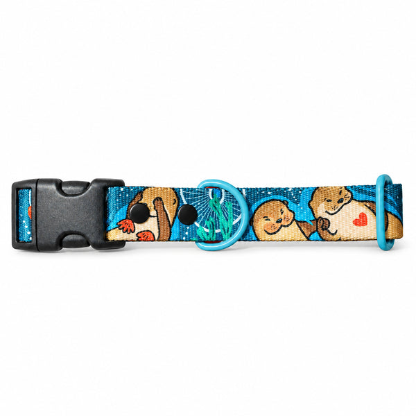 Hello From The Otter Side turquoise dog collar with otters, a black buckle and turquoise D-ring