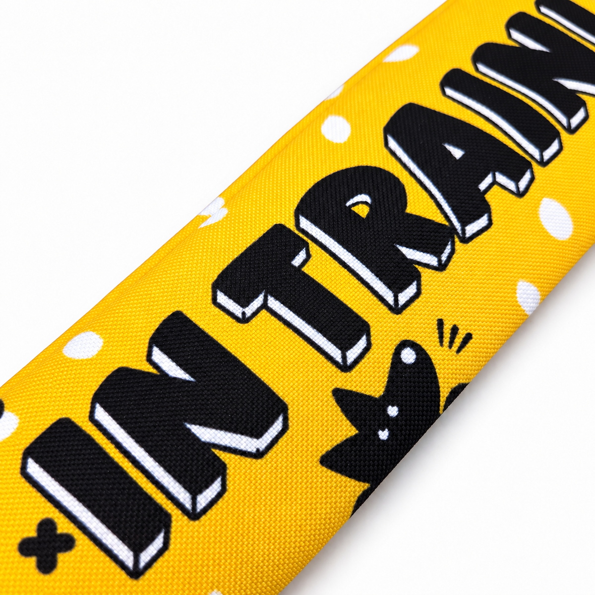 Close-up of the lettering on a yellow In Training dog lead sleeve.