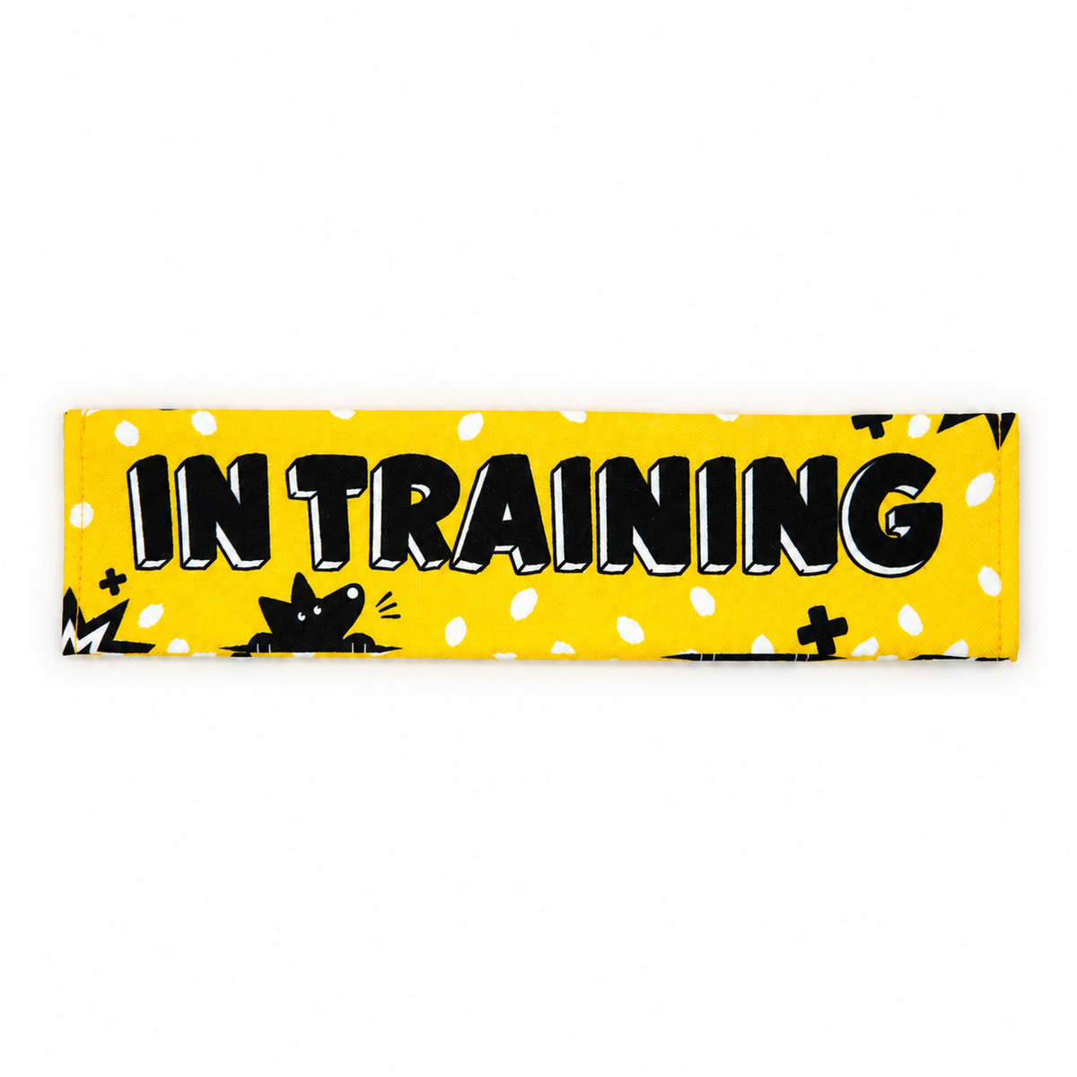 Yellow In Training dog lead sleeve with bold black lettering.