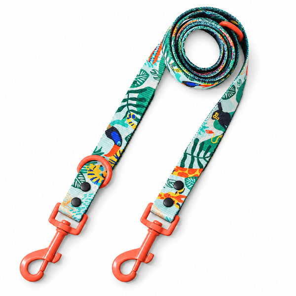 Jungle Boogie green double-ended dog lead with animal print and two orange clips