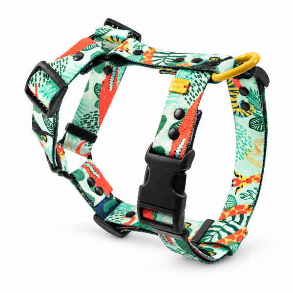 Jungle Boogie green animal-print dog harness with black buckles and yellow D-ring