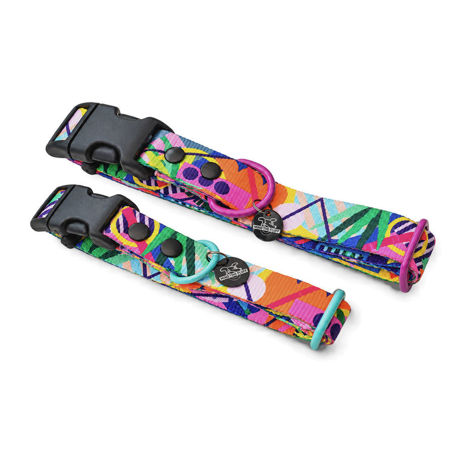 Kaleidogscope colourful dog collars with geometric print, black buckles and coloured D-rings
