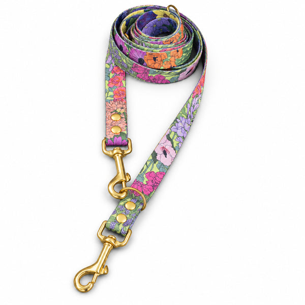 Let It Grow floral double-ended dog lead with two gold-coloured clips