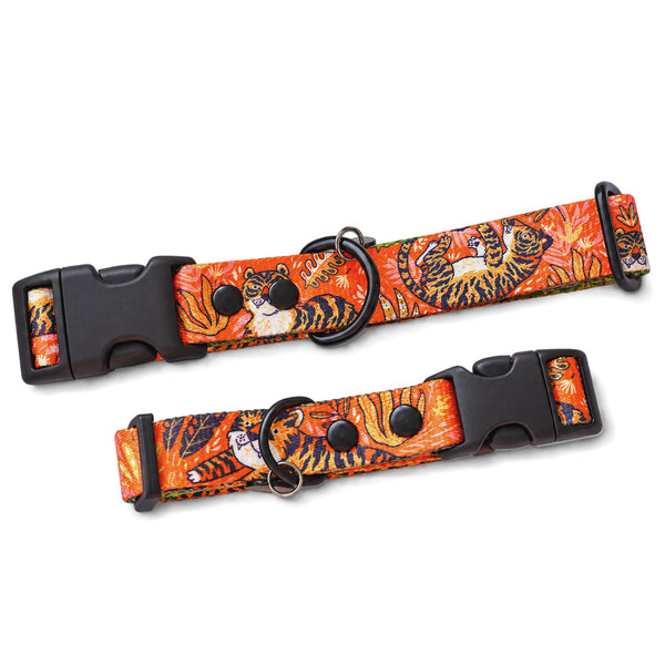 Let's Get Wilder orange tiger-print dog collars with black quick-release buckles