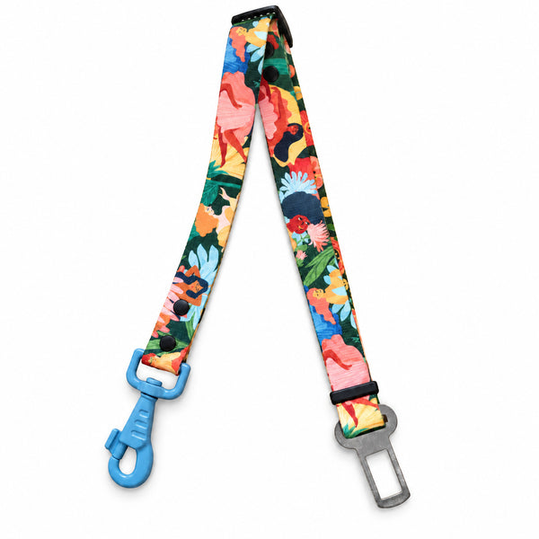 Loud and Proud floral dog car seat belt with blue clip and seat belt connector