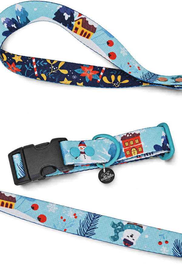 Love At Frost Sight blue Christmas dog collar with snowmen and gingerbread houses
