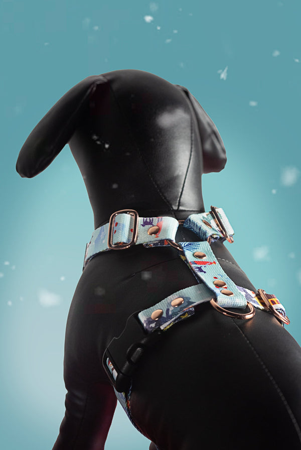 Love At Frost Sight Christmas dog harness on a dog mannequin