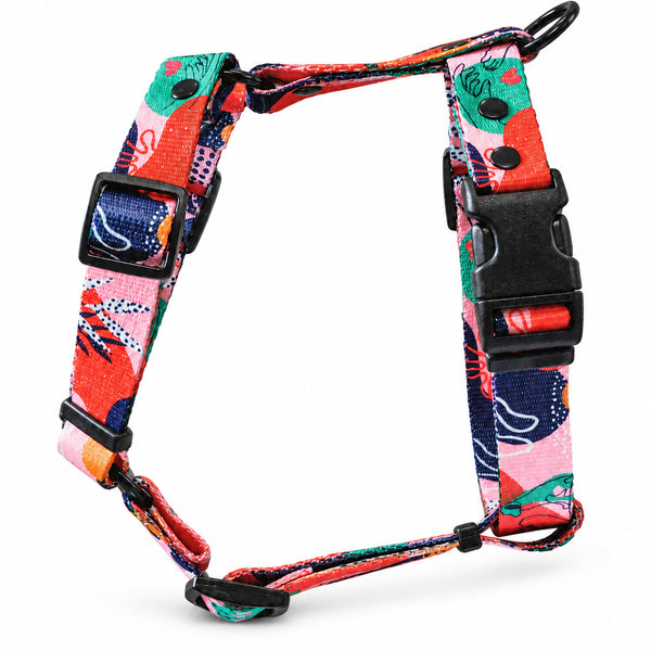 Love is a Four-Legged Word dog harness with red and turquoise dog-face print
