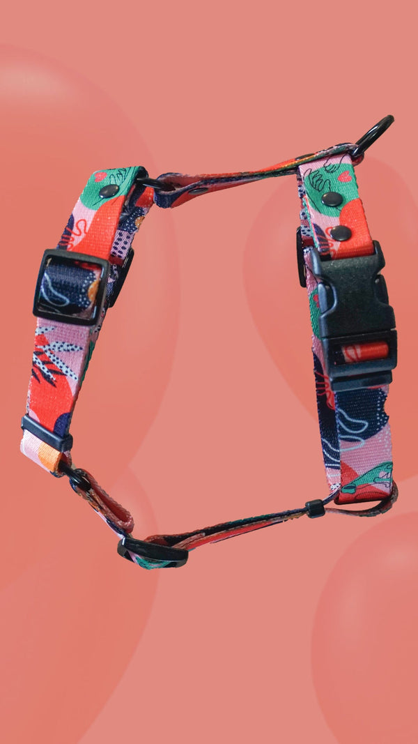 Red and turquoise Love is a Four-Legged Word harness on a pink background