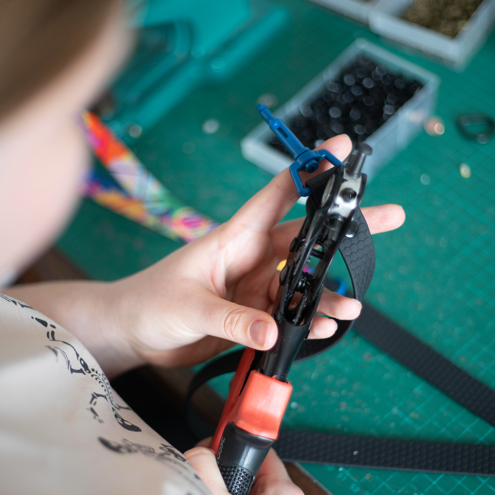 Making colourful dog accessories by hand in the Bristol workshop