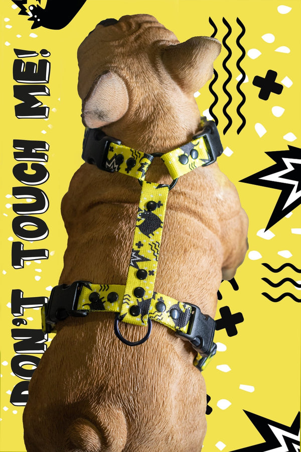 Yellow More Space Please harness on a dog mannequin against a yellow graphic background