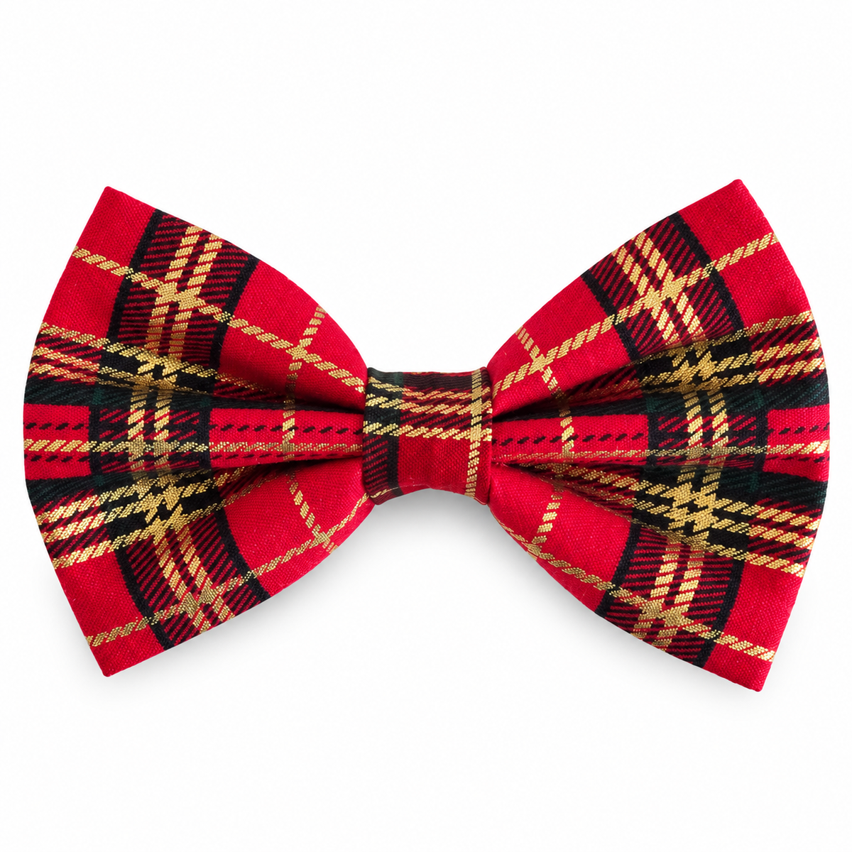 Red tartan Christmas dog bow tie with gold checks, shown from the front on a white background.