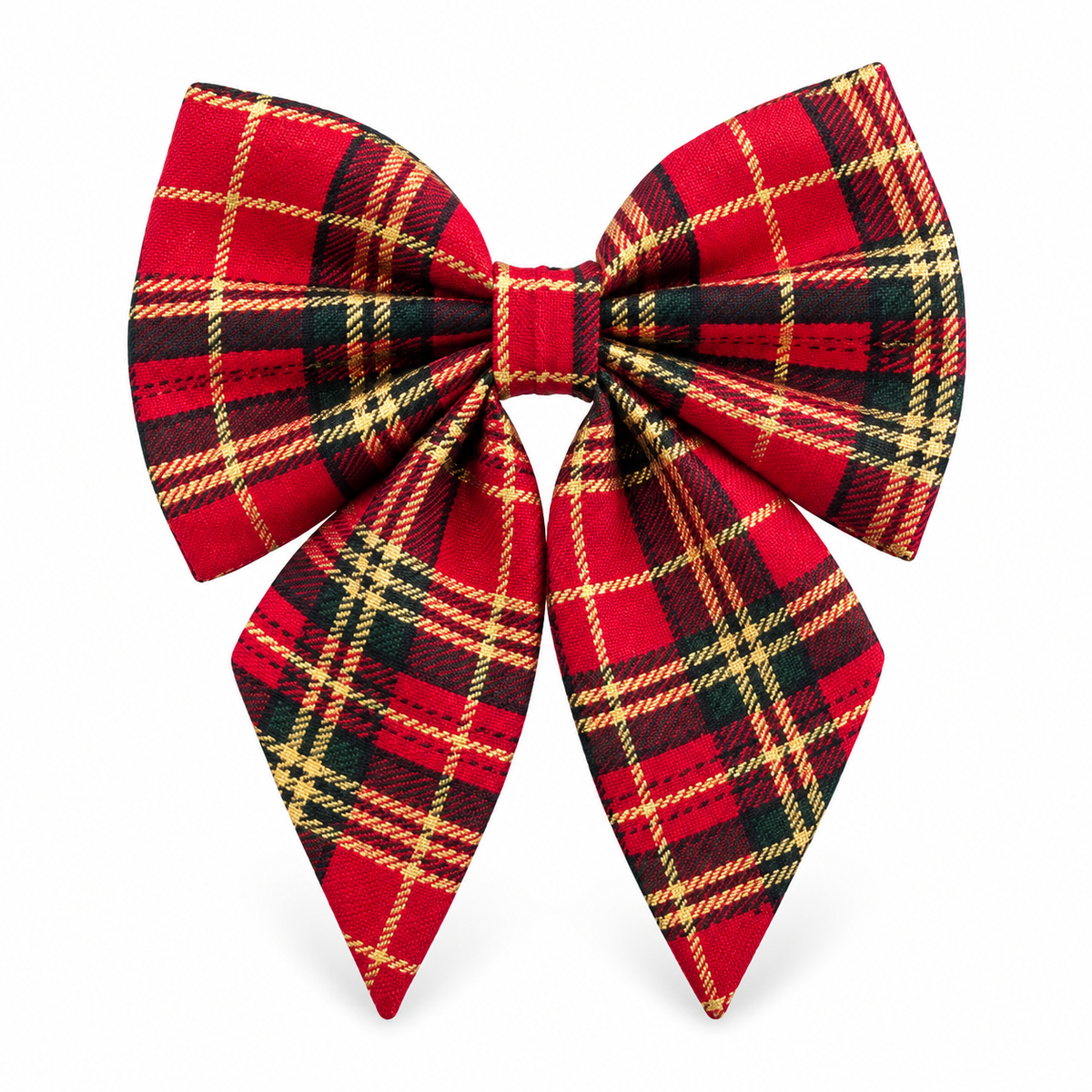 Red tartan Christmas sailor dog bow tie with gold checks and two pointed tails.