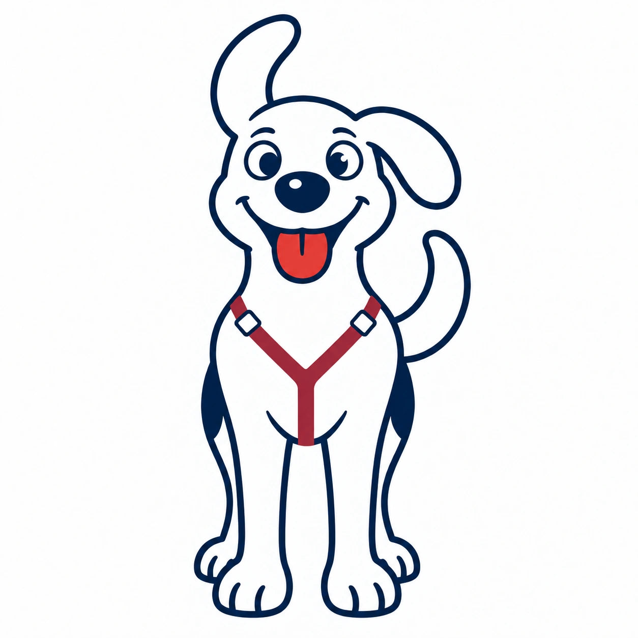 Front view: the harness straps meet in a Y on the chest and continue between the front legs.
